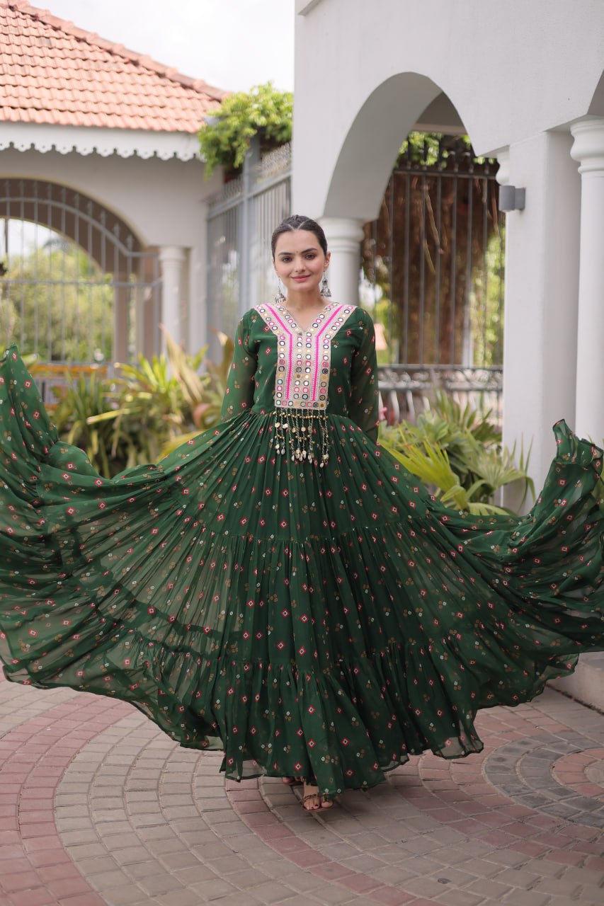 Laheriya Print Gown with Kutchi Patchwork ClothsVilla