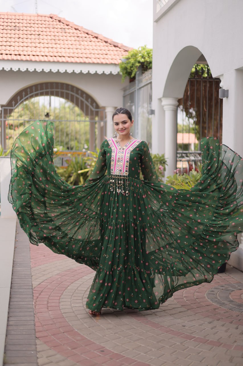 Laheriya Print Gown with Kutchi Patchwork ClothsVilla