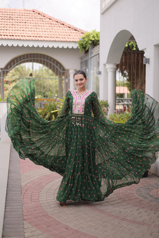Laheriya Print Gown with Kutchi Patchwork ClothsVilla