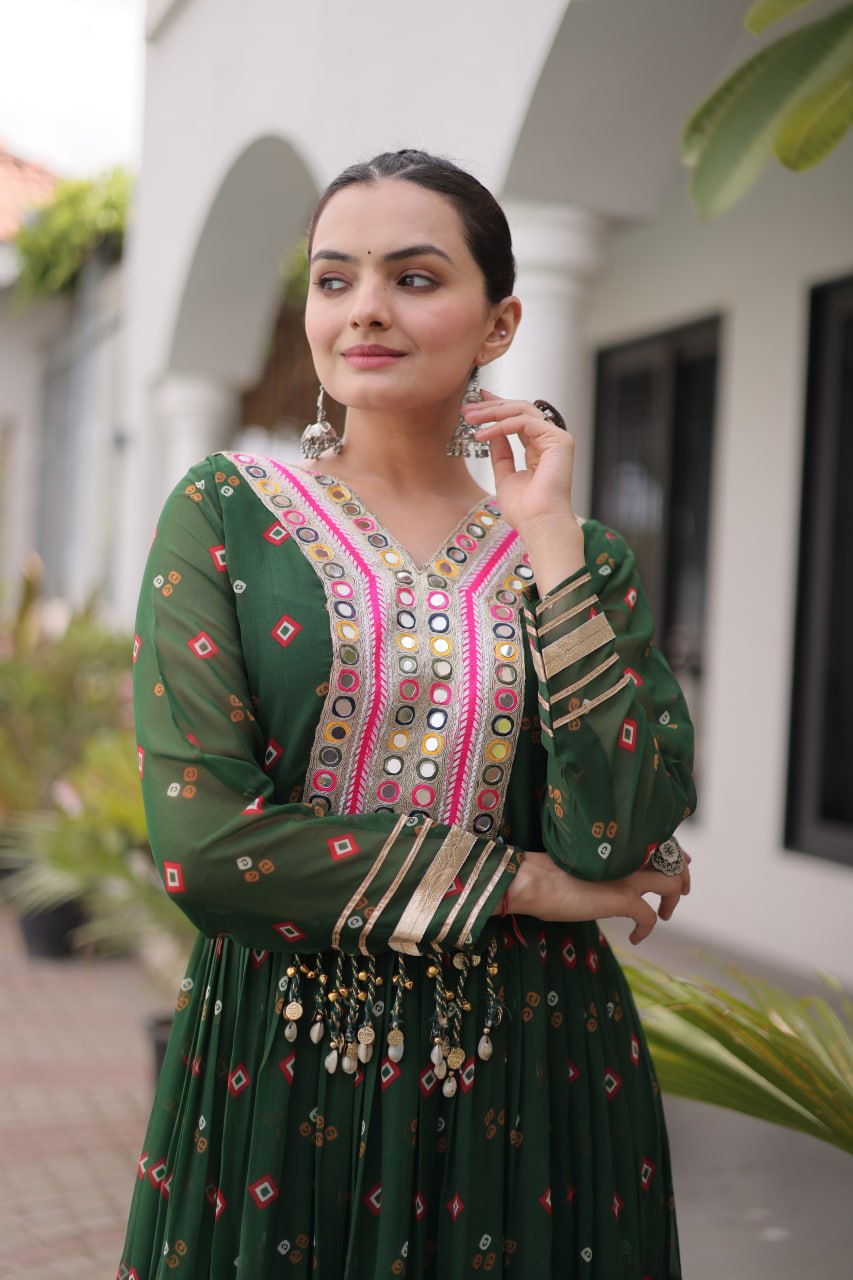 Laheriya Print Gown with Kutchi Patchwork ClothsVilla