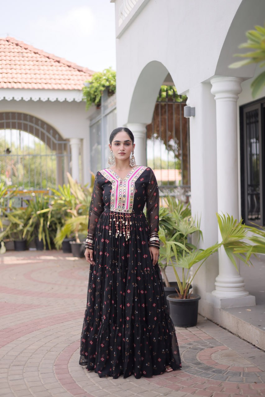 Laheriya Print Gown with Kutchi Patchwork ClothsVilla