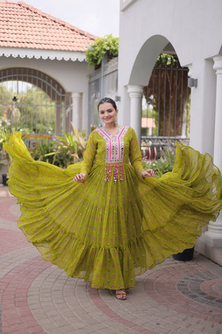 Laheriya Print Gown with Kutchi Patchwork ClothsVilla
