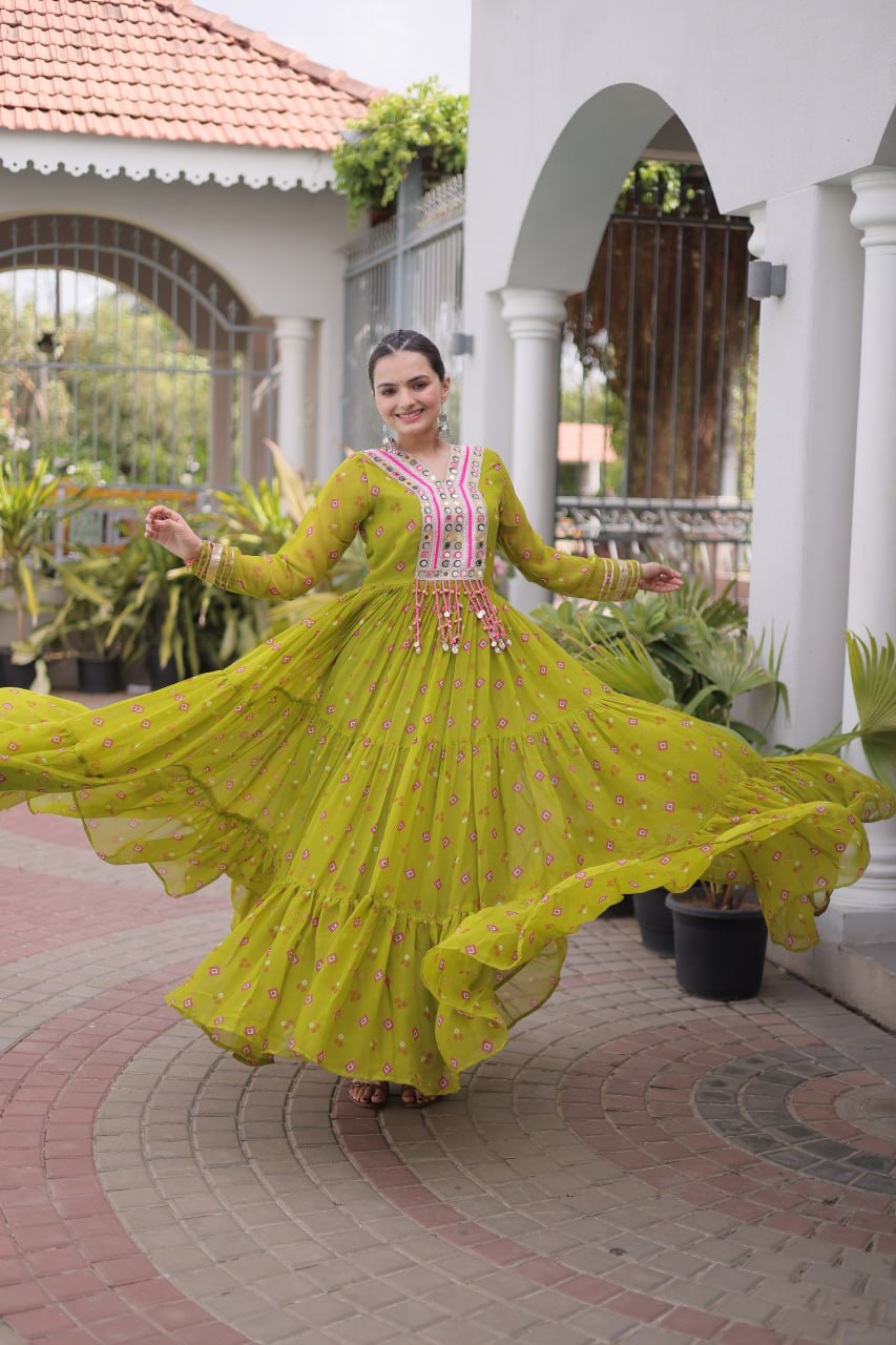 Laheriya Print Gown with Kutchi Patchwork ClothsVilla
