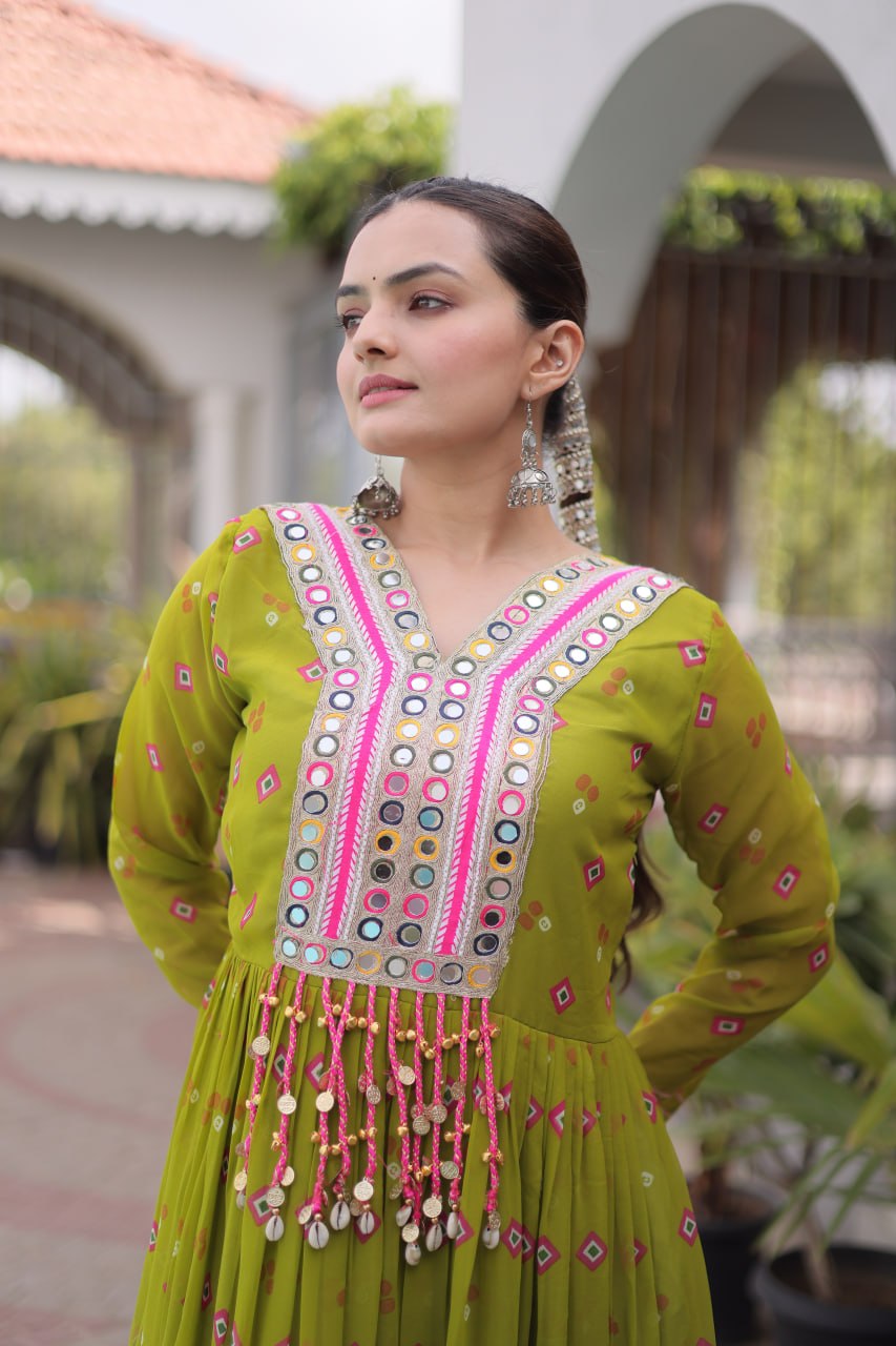 Laheriya Print Gown with Kutchi Patchwork ClothsVilla