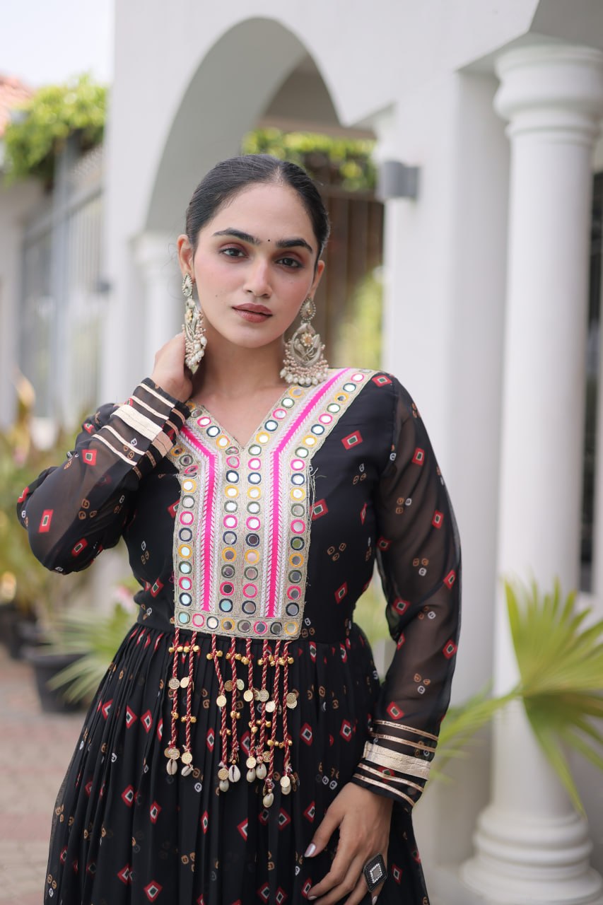 Laheriya Print Gown with Kutchi Patchwork ClothsVilla