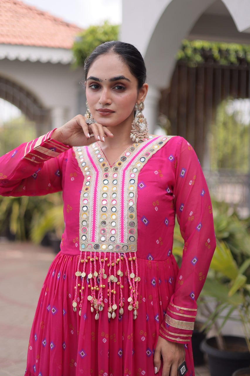 Laheriya Print Gown with Kutchi Patchwork ClothsVilla