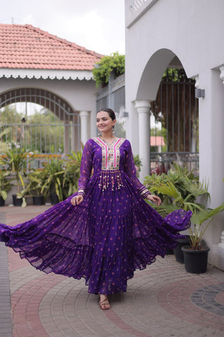 Laheriya Print Gown with Kutchi Patchwork ClothsVilla