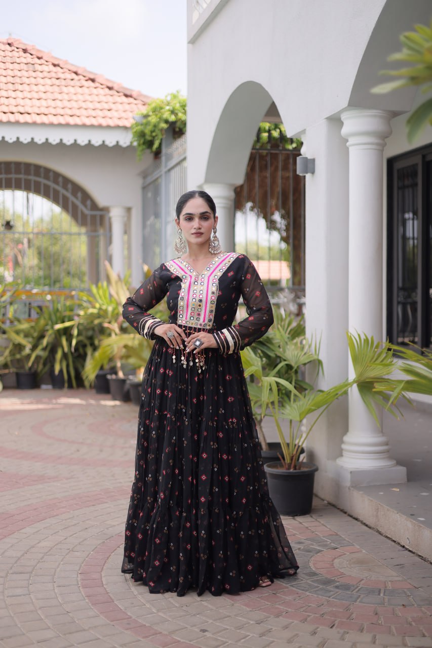 Laheriya Print Gown with Kutchi Patchwork ClothsVilla