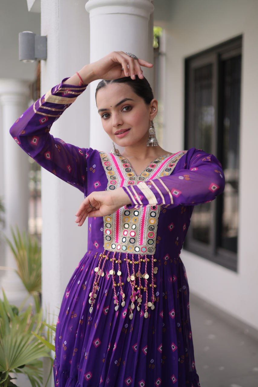 Laheriya Print Gown with Kutchi Patchwork ClothsVilla