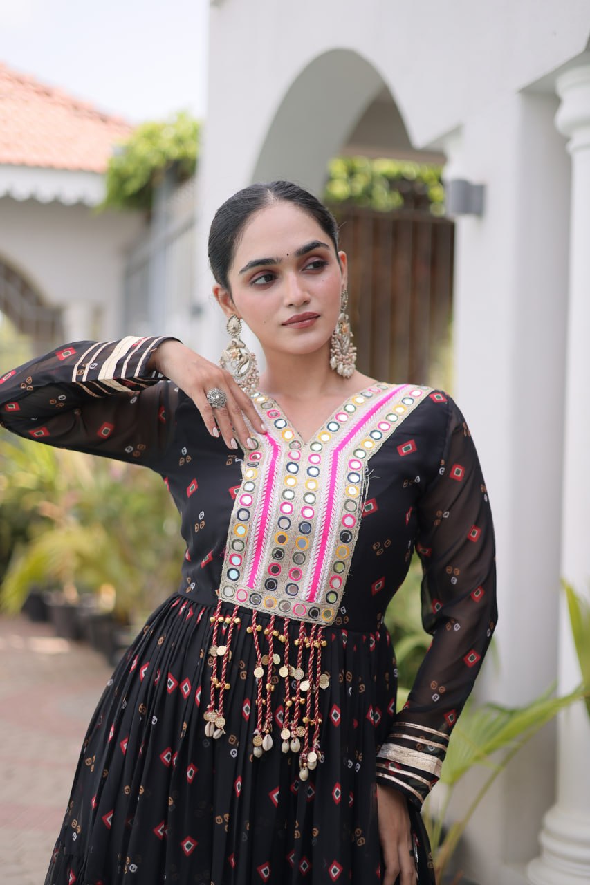 Laheriya Print Gown with Kutchi Patchwork ClothsVilla