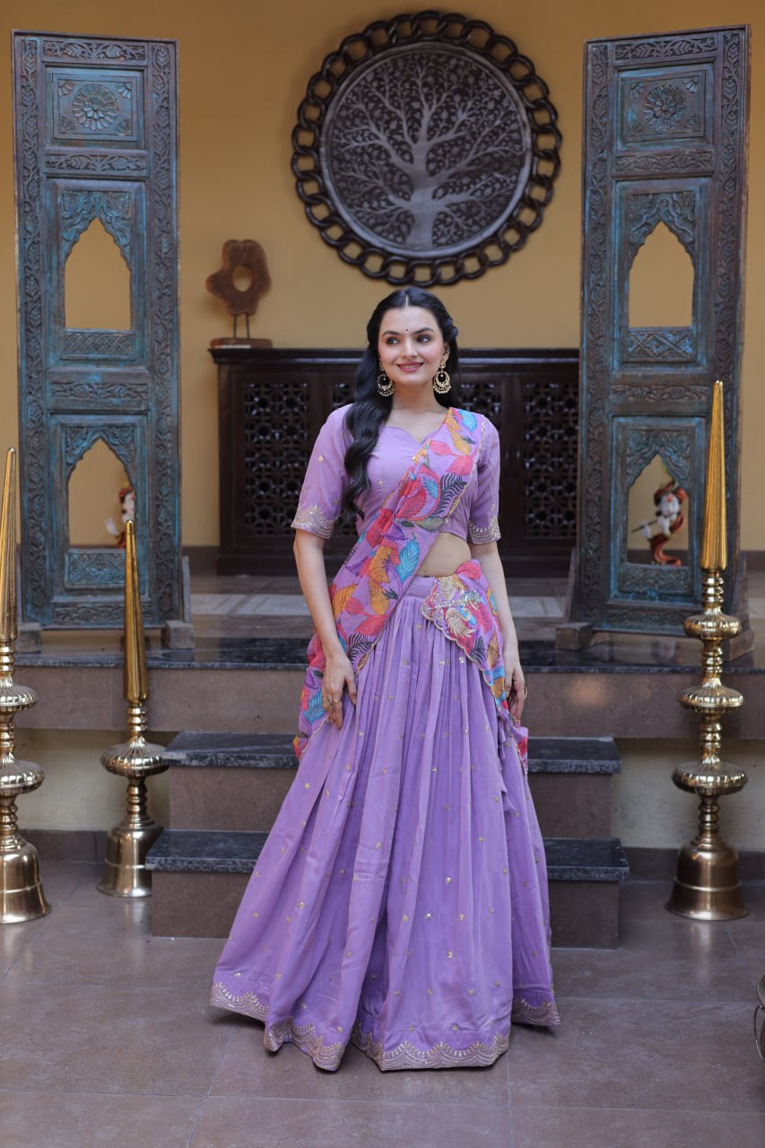 Lavendar Cosmos Silk Sequins Lehenga Choli ClothsVilla