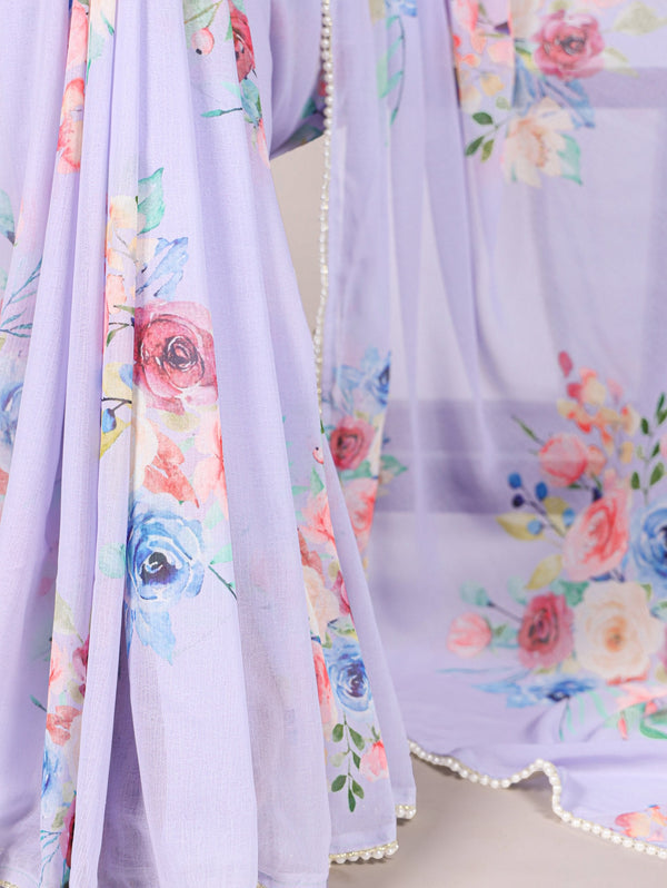 Lavendar Graceful Weightless Marble Saree with Floral Print & Pearl Lace Border – Includes Banglory Blouse Piece ClothsVilla
