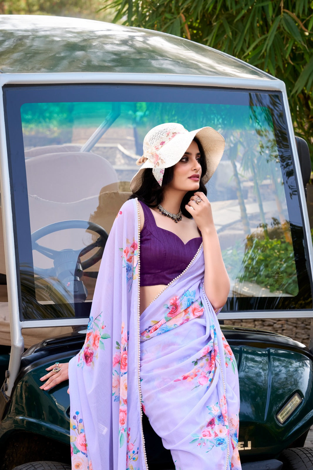Lavender Graceful Weightless Marble Saree with Floral Print & Pearl Lace Border – Includes Banglory Blouse Piece ClothsVilla