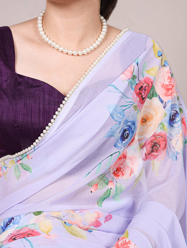 Lavendar Graceful Weightless Marble Saree with Floral Print & Pearl Lace Border – Includes Banglory Blouse Piece ClothsVilla