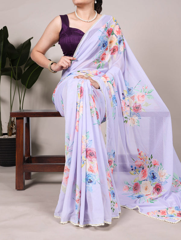 Lavendar Graceful Weightless Marble Saree with Floral Print & Pearl Lace Border – Includes Banglory Blouse Piece ClothsVilla