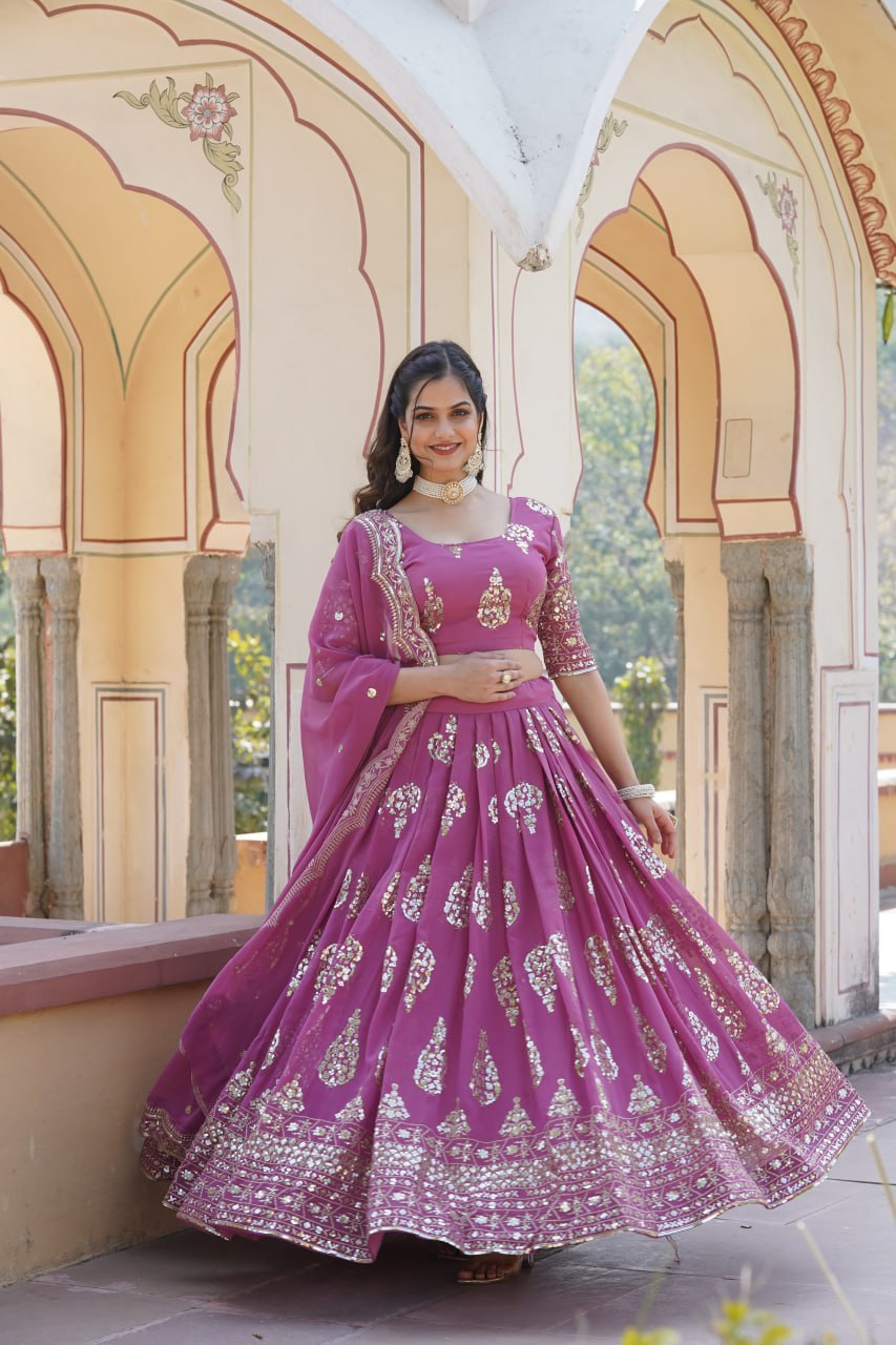 Shimmering Twilight Lavendar Lehenga Choli - Exquisite Sequin Embroidered Faux Georgette ClothsVilla