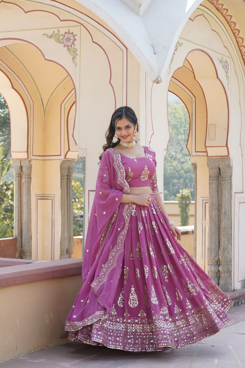 Shimmering Twilight Lavendar Lehenga Choli - Exquisite Sequin Embroidered Faux Georgette ClothsVilla