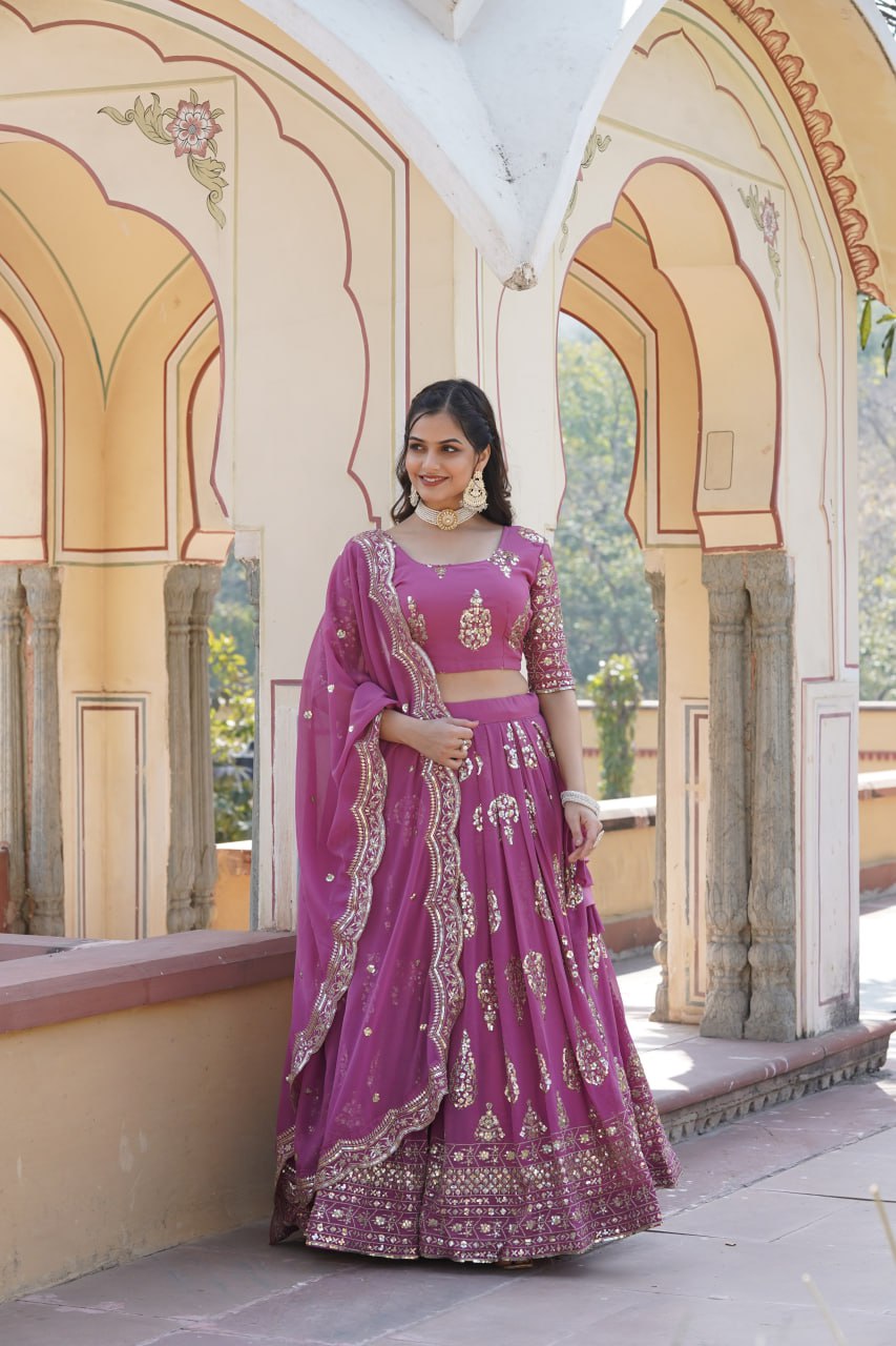 Shimmering Twilight Lavendar Lehenga Choli - Exquisite Sequin Embroidered Faux Georgette ClothsVilla