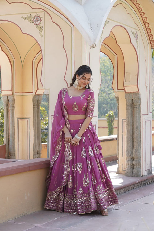 Shimmering Twilight Lavendar Lehenga Choli - Exquisite Sequin Embroidered Faux Georgette ClothsVilla