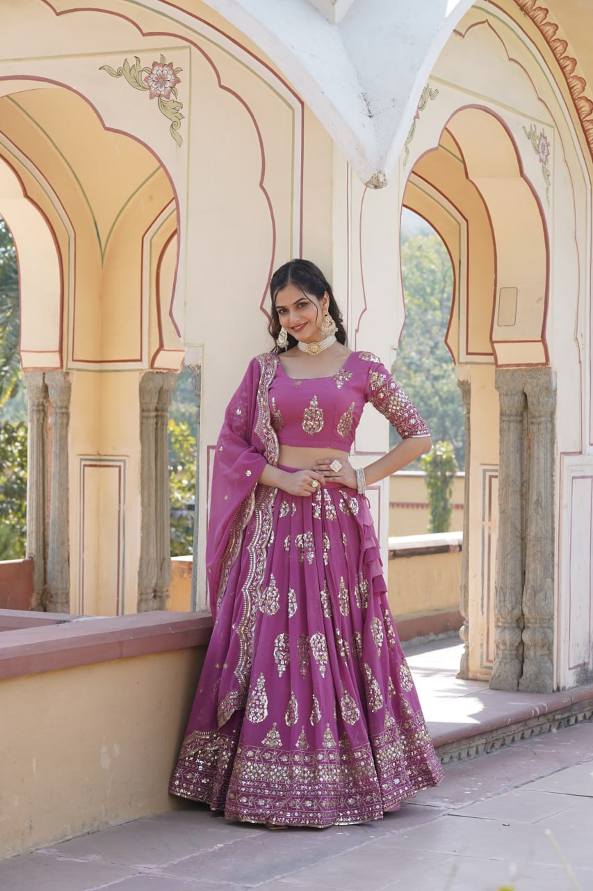 Shimmering Twilight Lavendar Lehenga Choli - Exquisite Sequin Embroidered Faux Georgette ClothsVilla