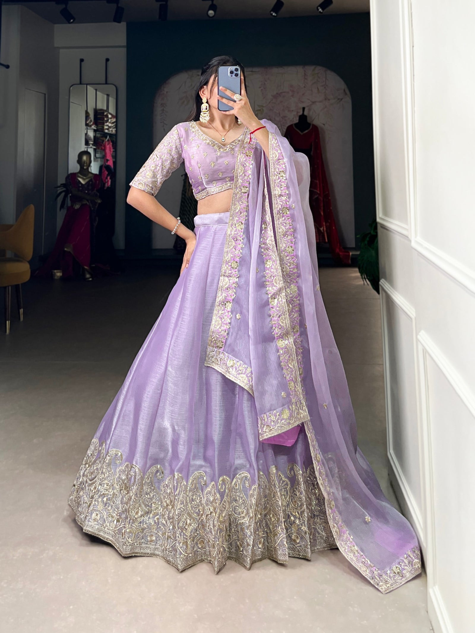 Lavender A Silk Dream Burberry Silk Bridesmaid Lehenga with Sequins Embroidery