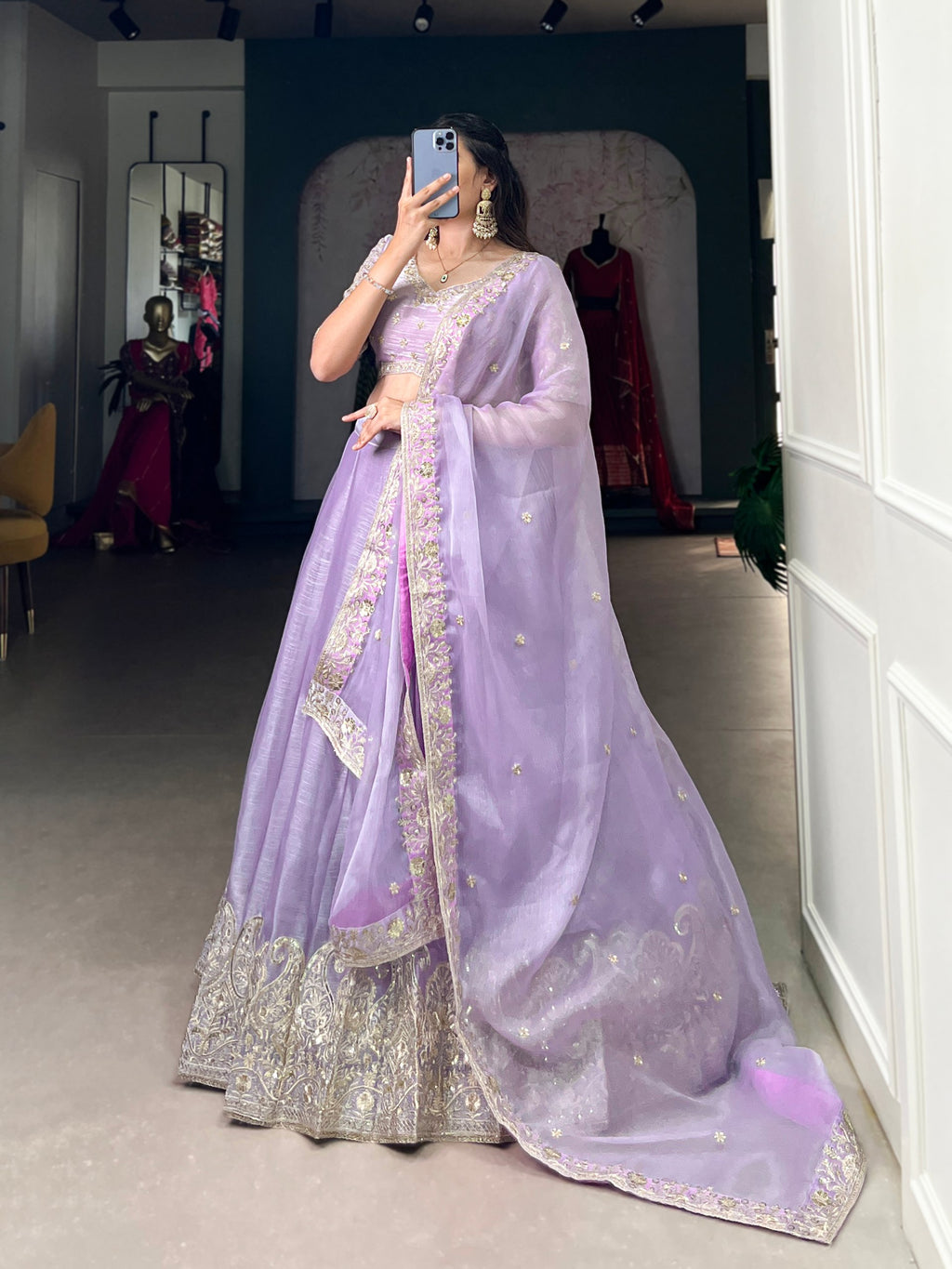 Lavender A Silk Dream Burberry Silk Bridesmaid Lehenga with Sequins Embroidery