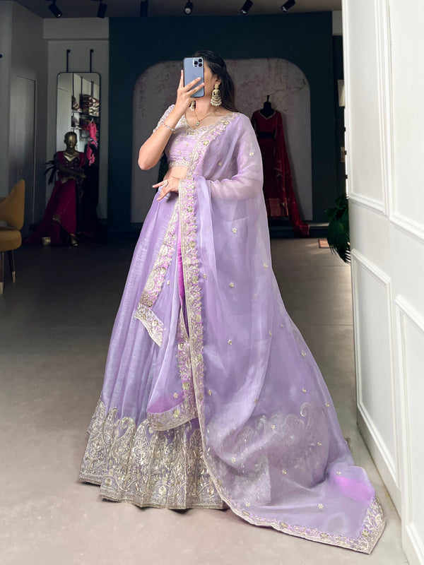 Lavender A Silk Dream Burberry Silk Bridesmaid Lehenga with Sequins Embroidery
