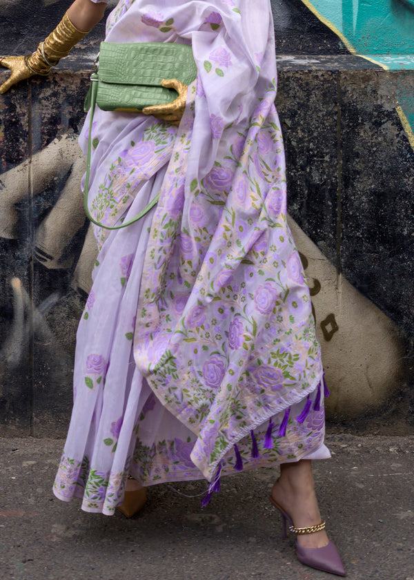 Lavender Banarasi Silk Saree with Zari Kashmiri Weaving  & Unstitched Blouse ClothsVilla