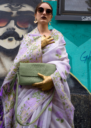Lavender Banarasi Silk Saree with Zari Kashmiri Weaving  & Unstitched Blouse ClothsVilla