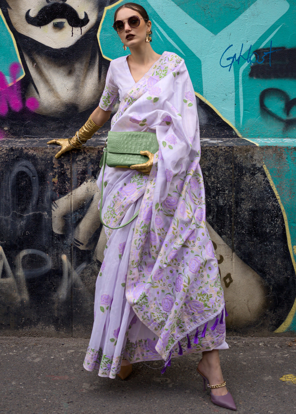 Lavender Banarasi Silk Saree with Zari Kashmiri Weaving  & Unstitched Blouse ClothsVilla Main image