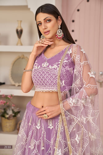 Lavender Butterfly Net Lehenga with Elegant White Thread & Zari Embroidery ClothsVilla