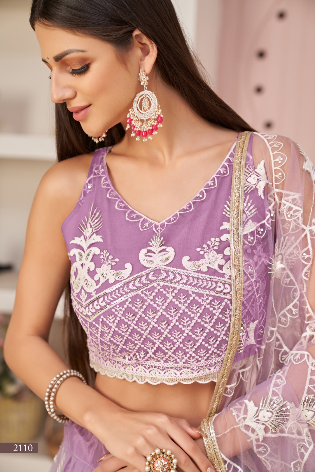 Lavender Butterfly Net Lehenga with Elegant White Thread & Zari Embroidery ClothsVilla