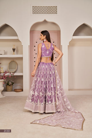 Lavender Butterfly Net Lehenga with Elegant White Thread & Zari Embroidery ClothsVilla