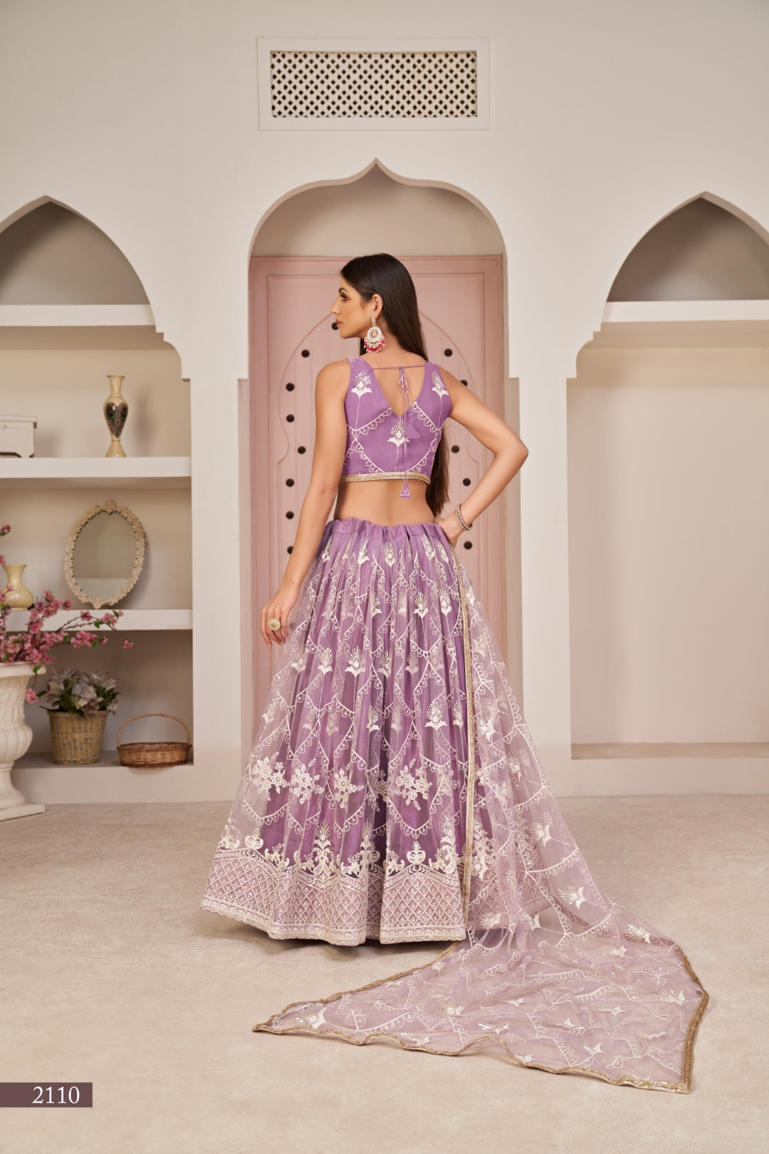 Lavender Butterfly Net Lehenga with Elegant White Thread & Zari Embroidery ClothsVilla
