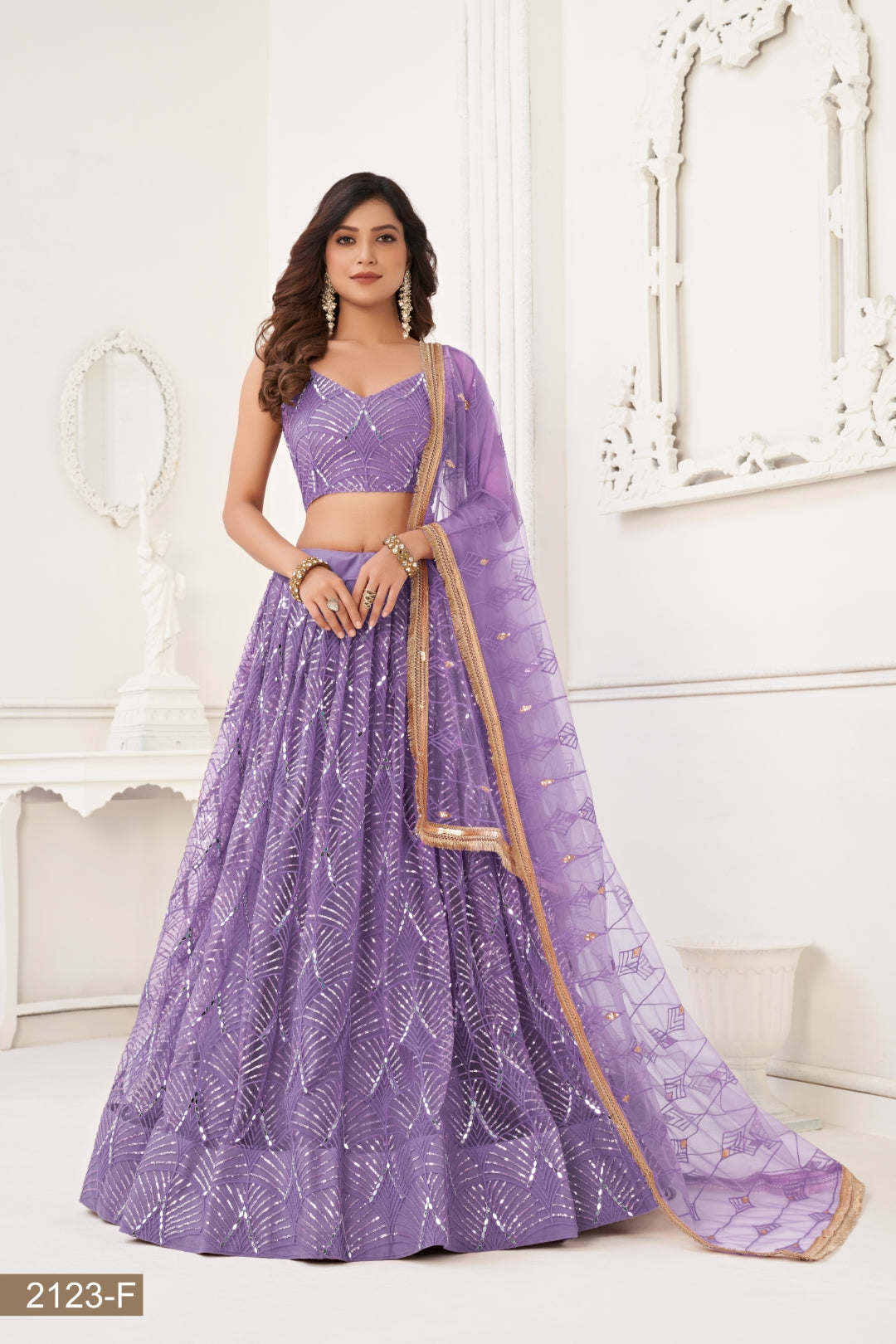 Lavender Butterfly Net Lehenga with Tone-to-Tone Thread Work and Mirror Embroidery ClothsVilla Main image