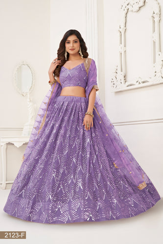 Lavender Butterfly Net Lehenga with Tone-to-Tone Thread Work and Mirror Embroidery ClothsVilla