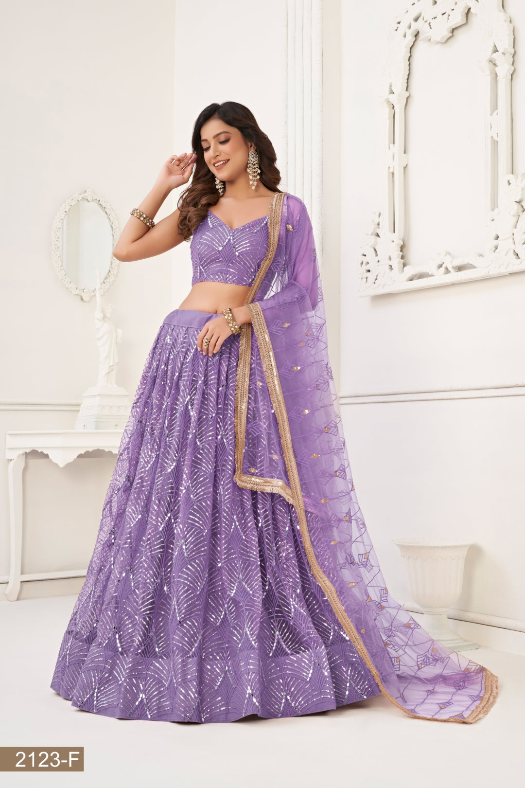 Lavender Butterfly Net Lehenga with Tone-to-Tone Thread Work and Mirror Embroidery ClothsVilla