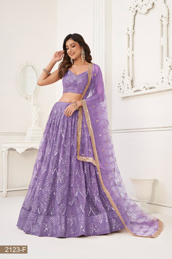 Lavender Butterfly Net Lehenga with Tone-to-Tone Thread Work and Mirror Embroidery ClothsVilla