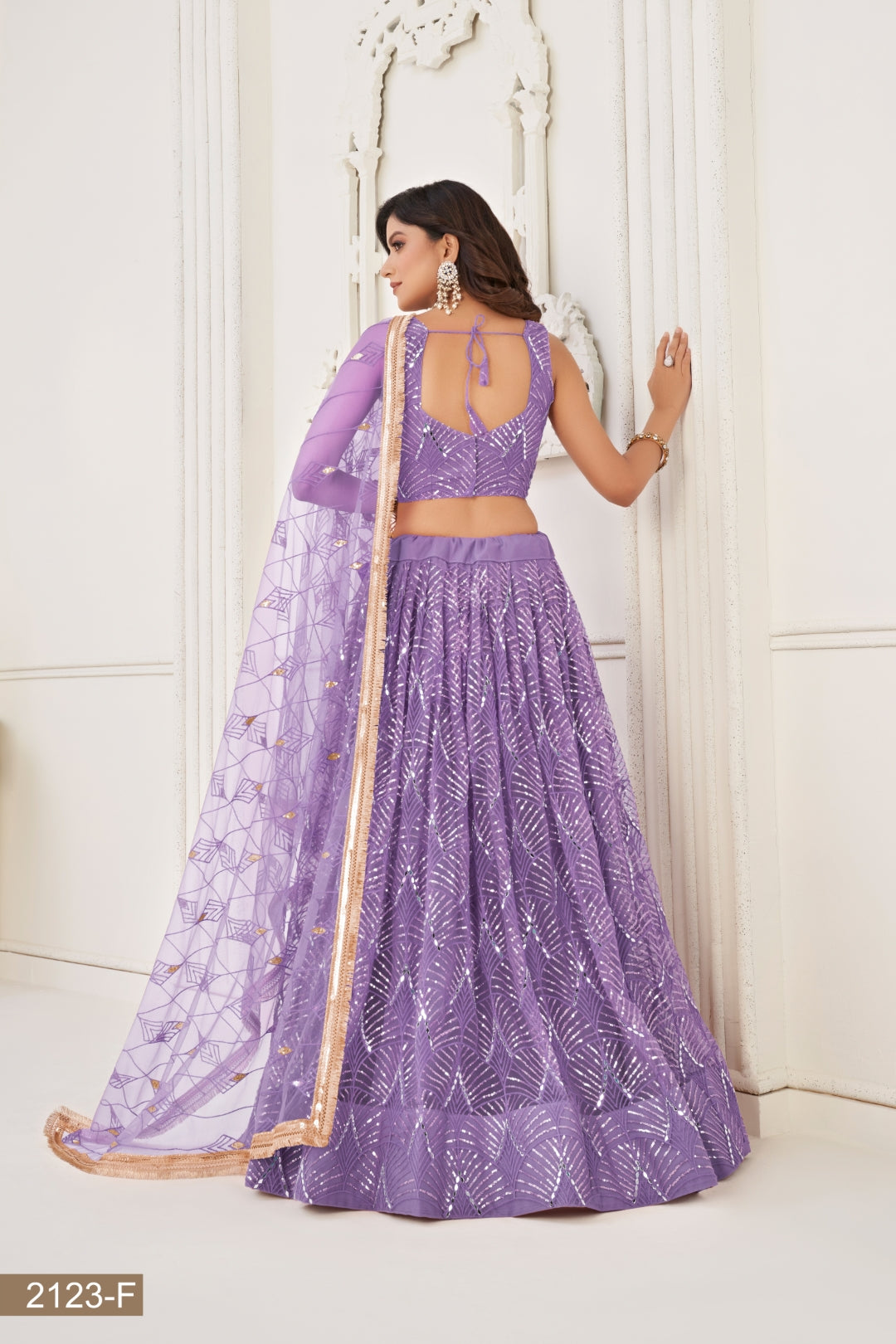 Lavender Butterfly Net Lehenga with Tone-to-Tone Thread Work and Mirror Embroidery ClothsVilla