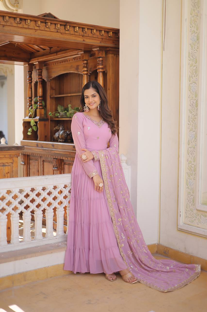 Lavender Captivating Unique Colored Faux Georgette Embroidered Gown with Sequined Dupatta ClothsVilla Main image