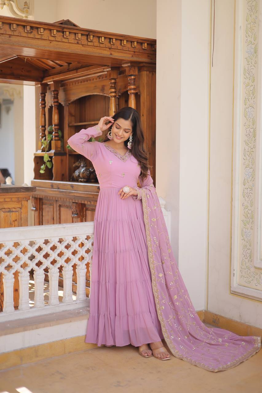 Lavender Captivating Unique Colored Faux Georgette Embroidered Gown with Sequined Dupatta Secondary image