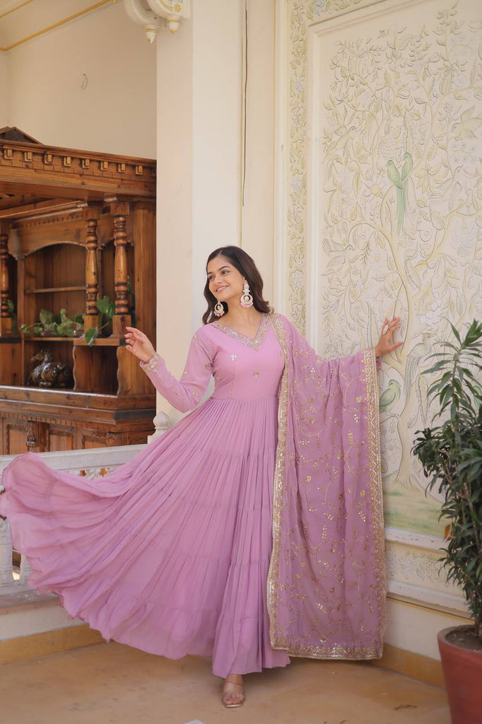 Lavender Captivating Unique Colored Faux Georgette Embroidered Gown with Sequined Dupatta ClothsVilla