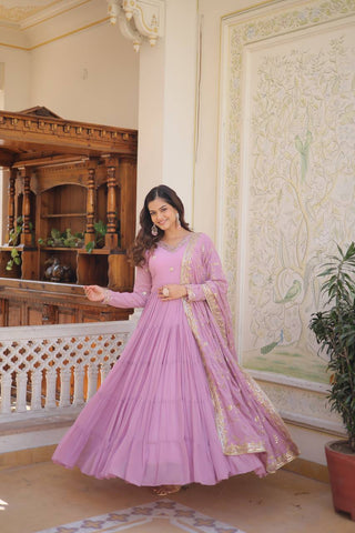 Lavender Captivating Unique Colored Faux Georgette Embroidered Gown with Sequined Dupatta ClothsVilla