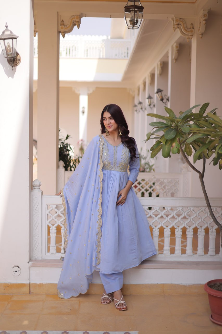 Lavender Chanderi Embroidered Gown Set ClothsVilla