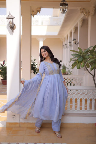 Lavender Chanderi Embroidered Gown Set ClothsVilla