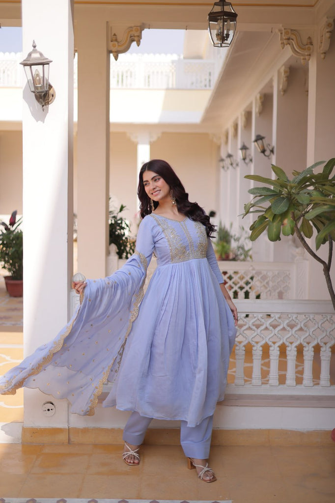 Lavender Chanderi Embroidered Gown Set ClothsVilla