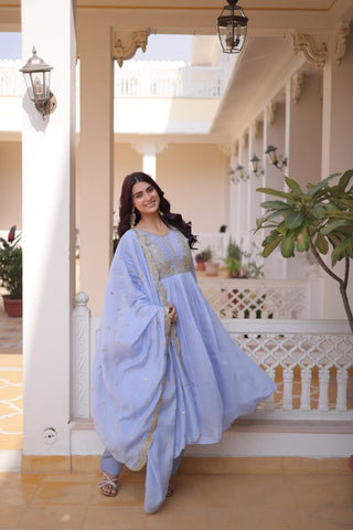 Lavender Chanderi Embroidered Gown Set ClothsVilla