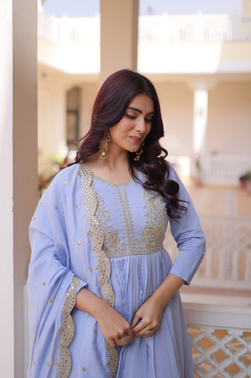 Lavender Chanderi Embroidered Gown Set ClothsVilla