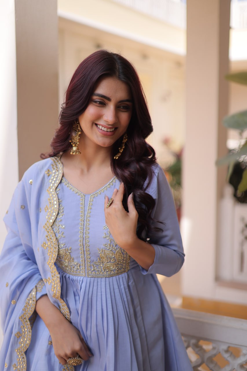 Lavender Chanderi Embroidered Gown Set ClothsVilla