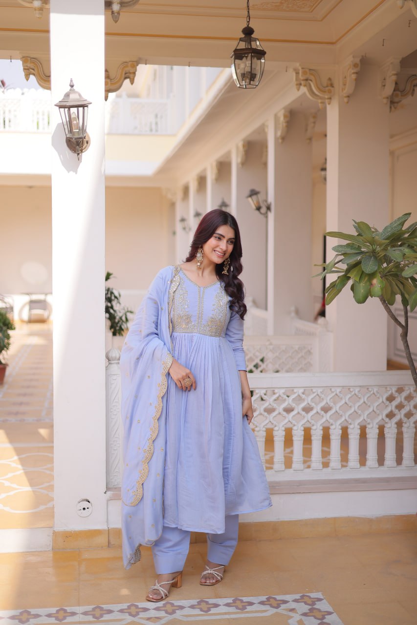 Lavender Chanderi Embroidered Gown Set ClothsVilla